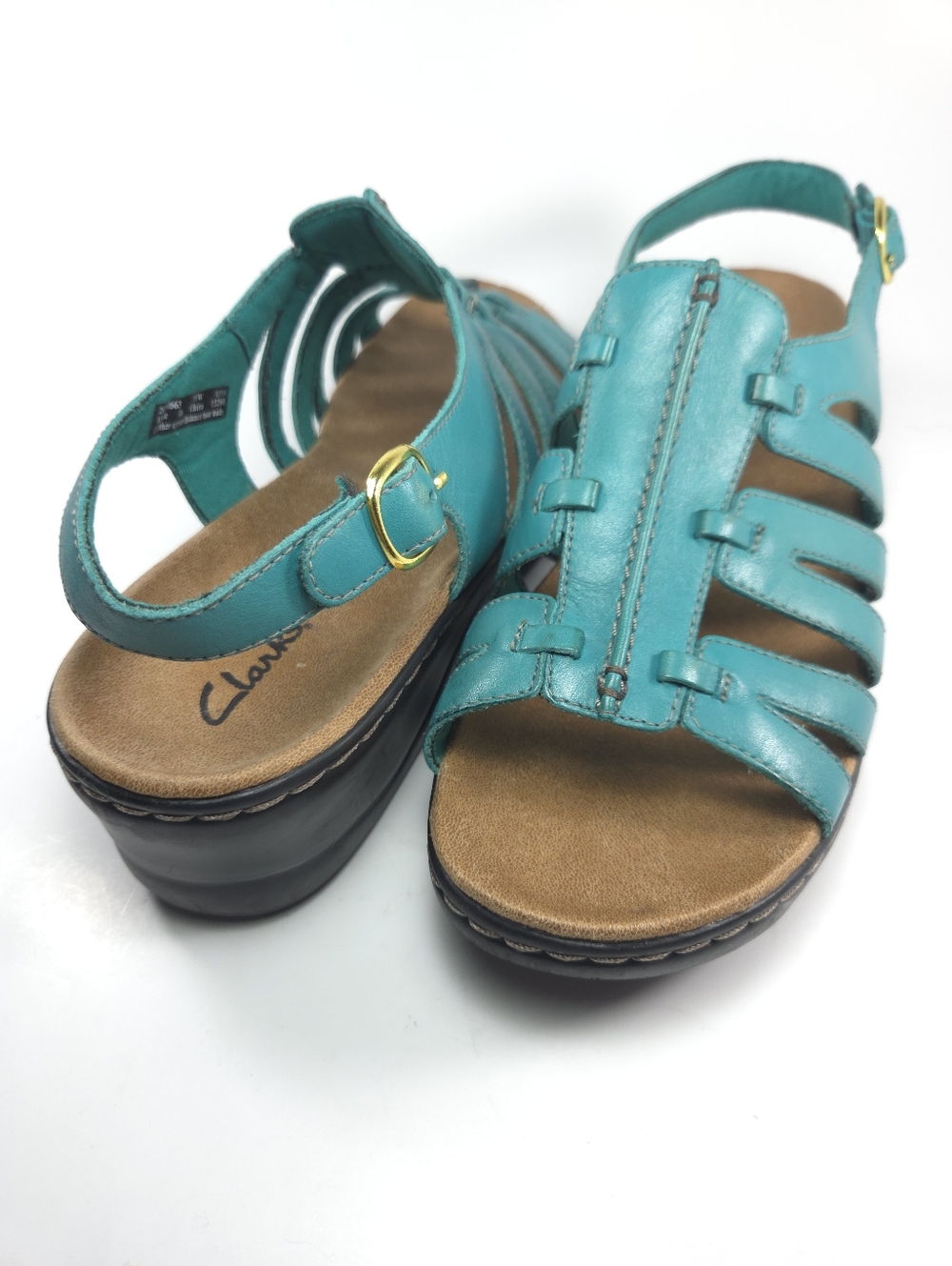 Clarks Lexi Marigold Teal Leather Strappy Wedge Sandals W 11 - Picture 4 of 14
